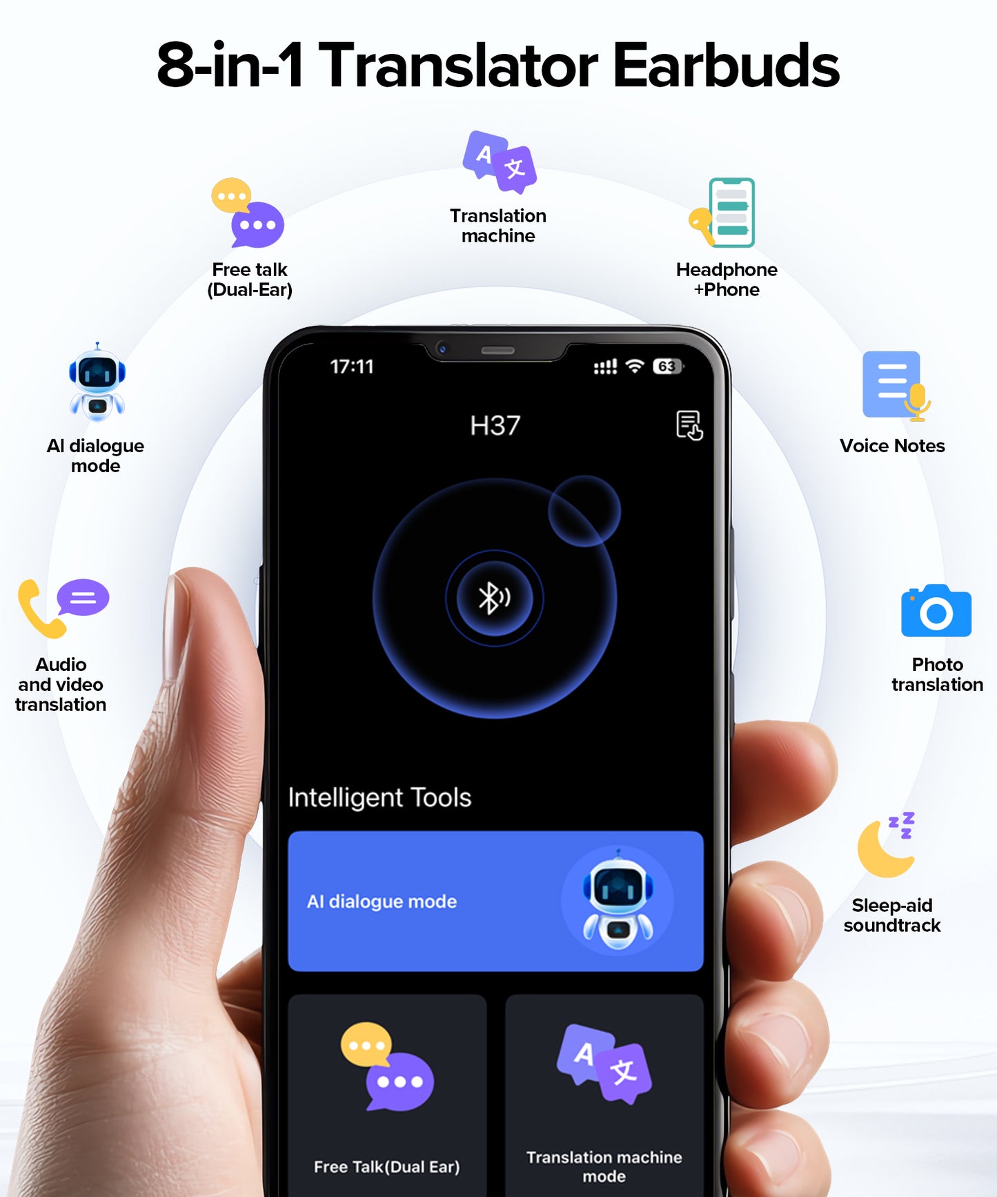AI Translation Earbuds Real Time 164 Languages AI Translator Earbuds Audifonos Traductores Inglés Español Wireless Earbud Translating Ear Buds Bluetooth Headphones for Travel Business Learning Black
