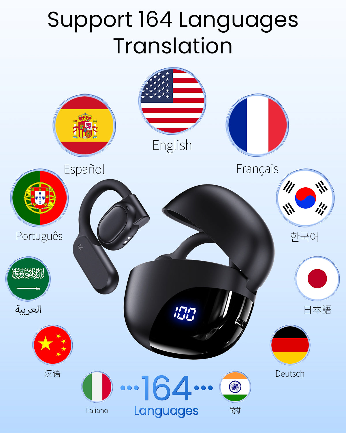 AI Translation Earbuds Real Time 164 Languages 80H Playtime Translator Ear Buds Audifonos Traductores Inglés Español Wireless Earphones Bluetooth Headphones for Travel Business Meeting Learning Black