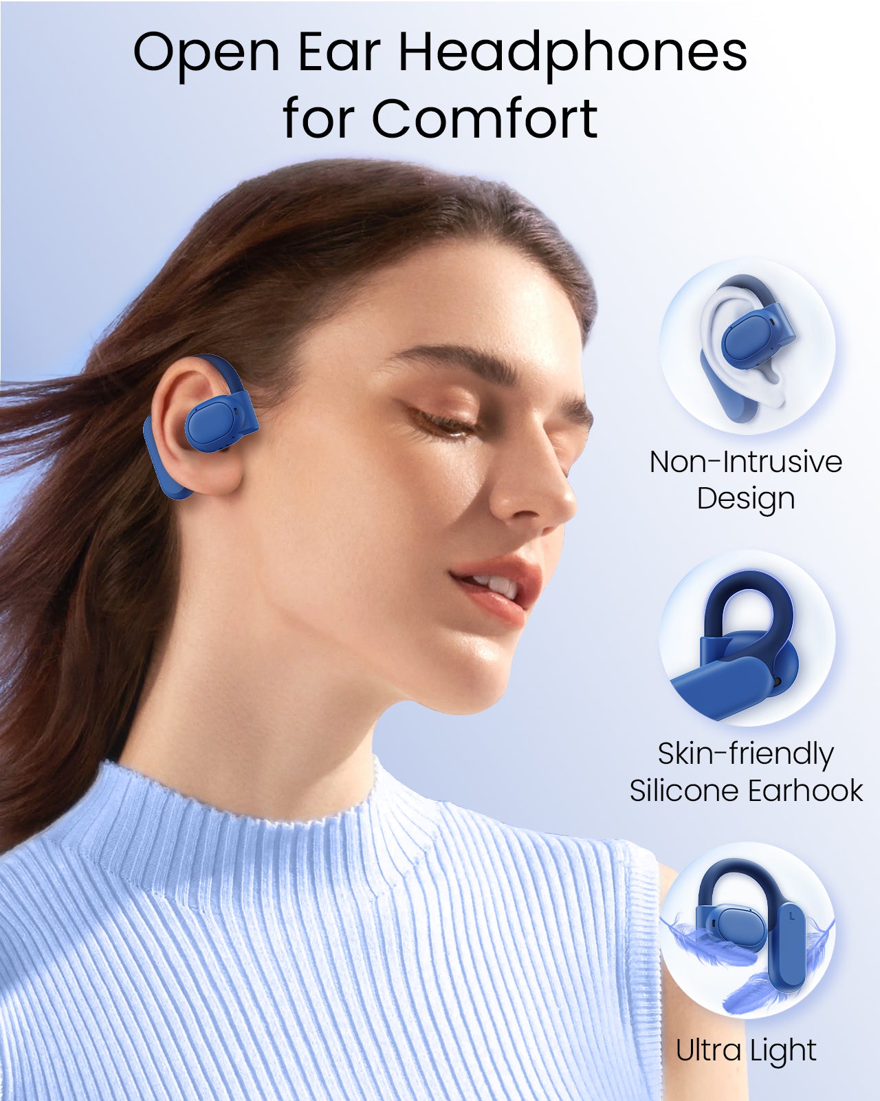 TAGRY Open Ear Headphones Bluetooth Ear buds 80Hrs Playtime Wireless Earbuds with Earhooks IPX7 Waterproof Touch Control Air Conduction Sport Headsets Bluetooth 5.3 Earphones for Workout Running Blue