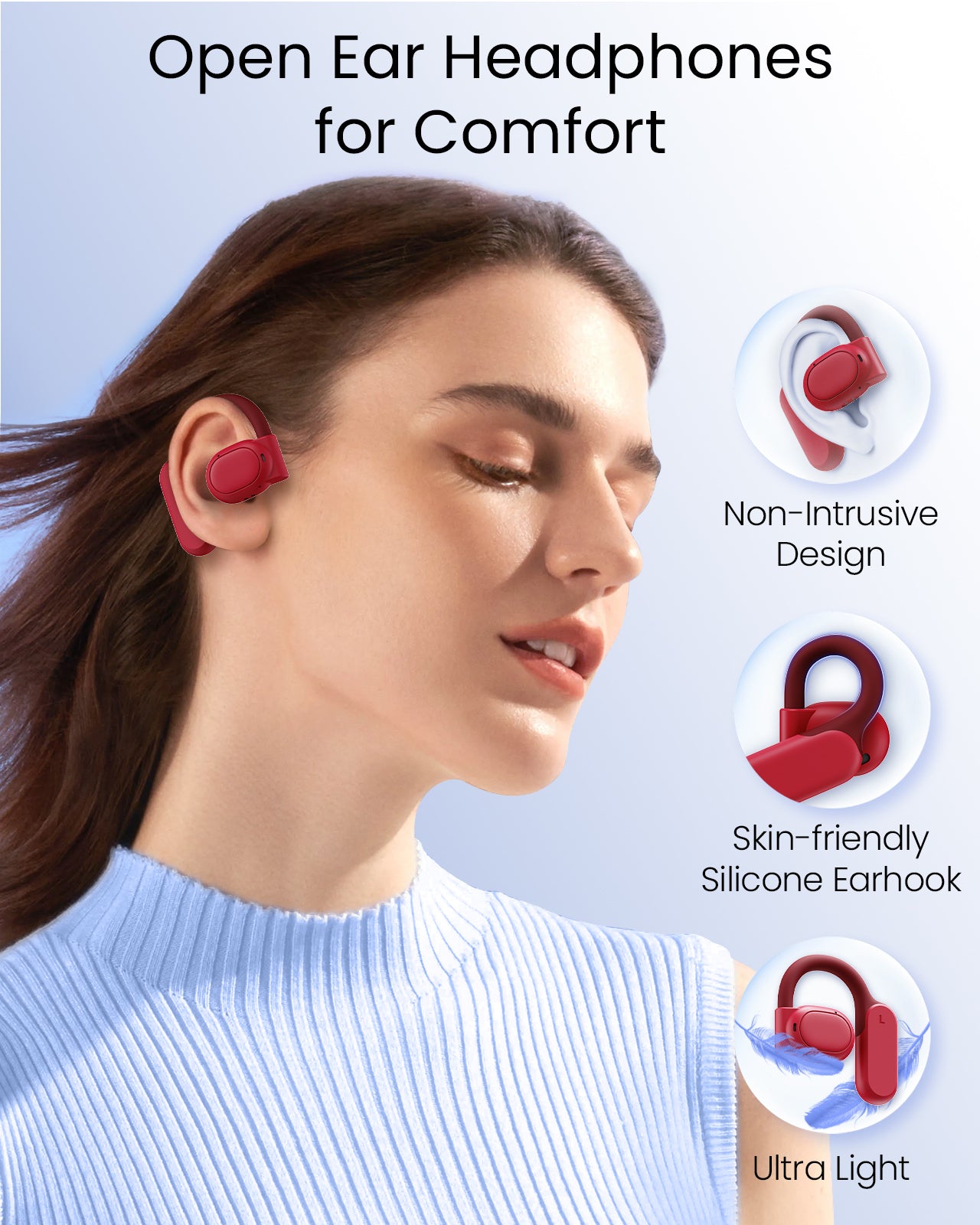 TAGRY Open Ear Headphones Bluetooth Ear buds 80Hrs Playtime Wireless Earbuds with Earhooks IPX7 Waterproof Touch Control Air Conduction Sport Headsets Bluetooth 5.3 Earphones for Workout Running Red