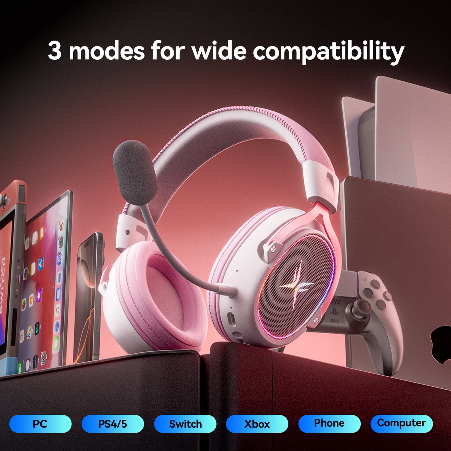 TAGRY Wireless Gaming Headset Bluetooth 5.3 Game Headphones with Mic, Stereo Sound, Pink