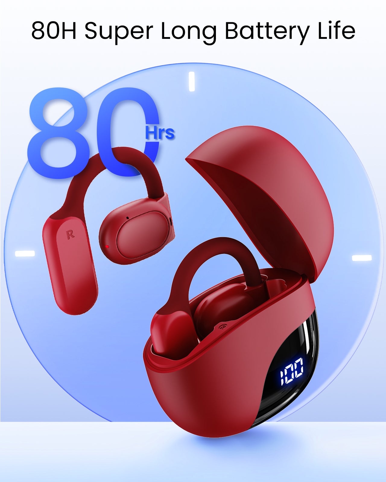 TAGRY Open Ear Headphones Bluetooth Ear buds 80Hrs Playtime Wireless Earbuds with Earhooks IPX7 Waterproof Touch Control Air Conduction Sport Headsets Bluetooth 5.3 Earphones for Workout Running Red