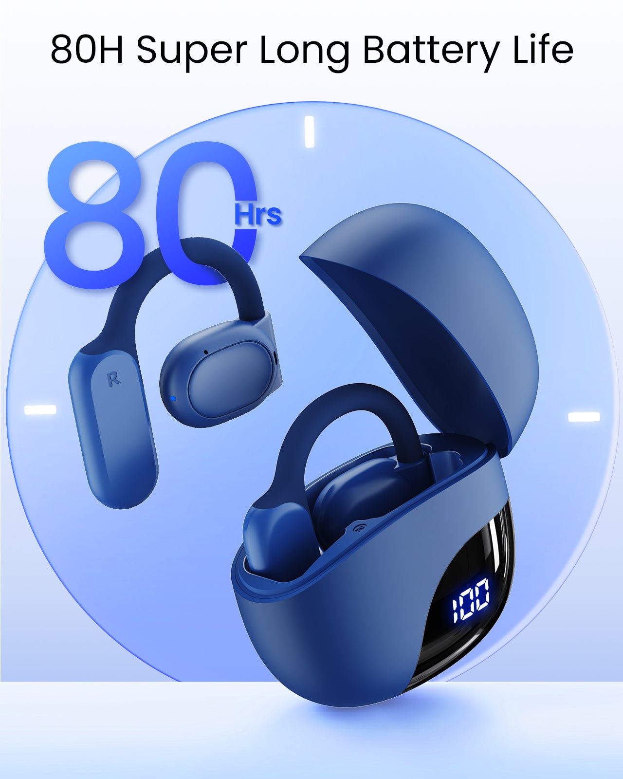 TAGRY Open Ear Headphones Bluetooth Ear buds 80Hrs Playtime Wireless Earbuds with Earhooks IPX7 Waterproof Touch Control Air Conduction Sport Headsets Bluetooth 5.3 Earphones for Workout Running Blue