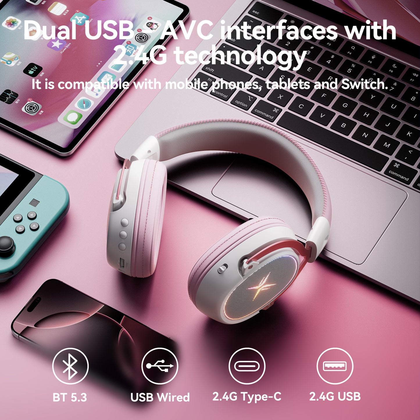 TAGRY Wireless Gaming Headset Bluetooth 5.3 Game Headphones with Mic, Stereo Sound, Pink