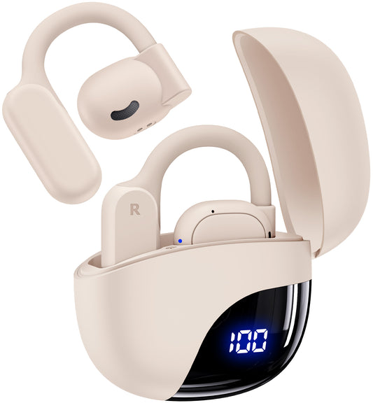 TAGRY Open Ear Headphones Bluetooth Ear buds 80Hrs Playtime Wireless Earbuds with Earhooks IPX7 Waterproof Touch Control Air Conduction Sport Headsets Bluetooth 5.3 Earphones for Workout Running Beige