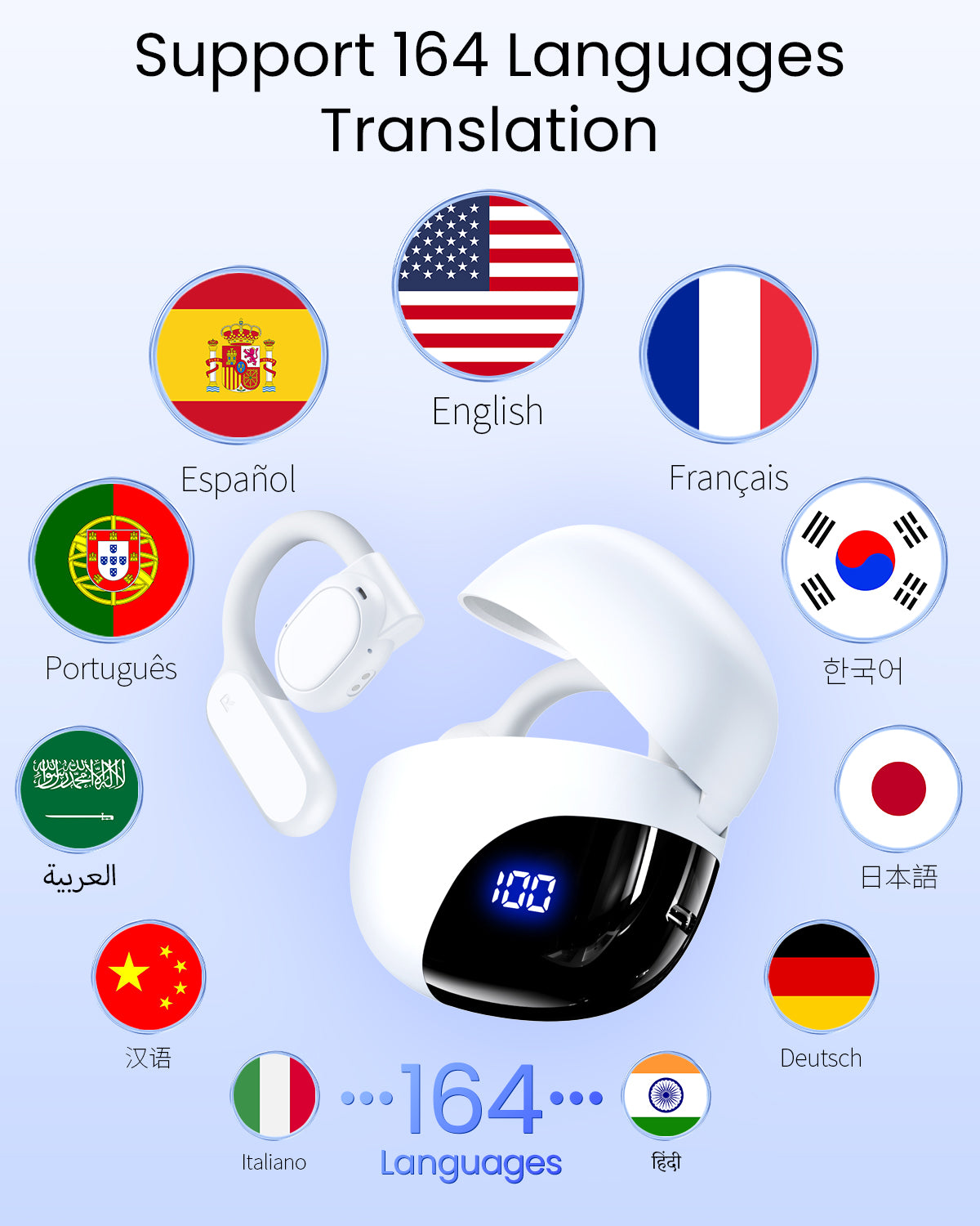 AI Translation Earbuds Real Time 164 Languages 80H Playtime Translator Ear Buds Audifonos Traductores Inglés Español Wireless Earphones Bluetooth AI Headphone for Travel Meeting Learning K08 White